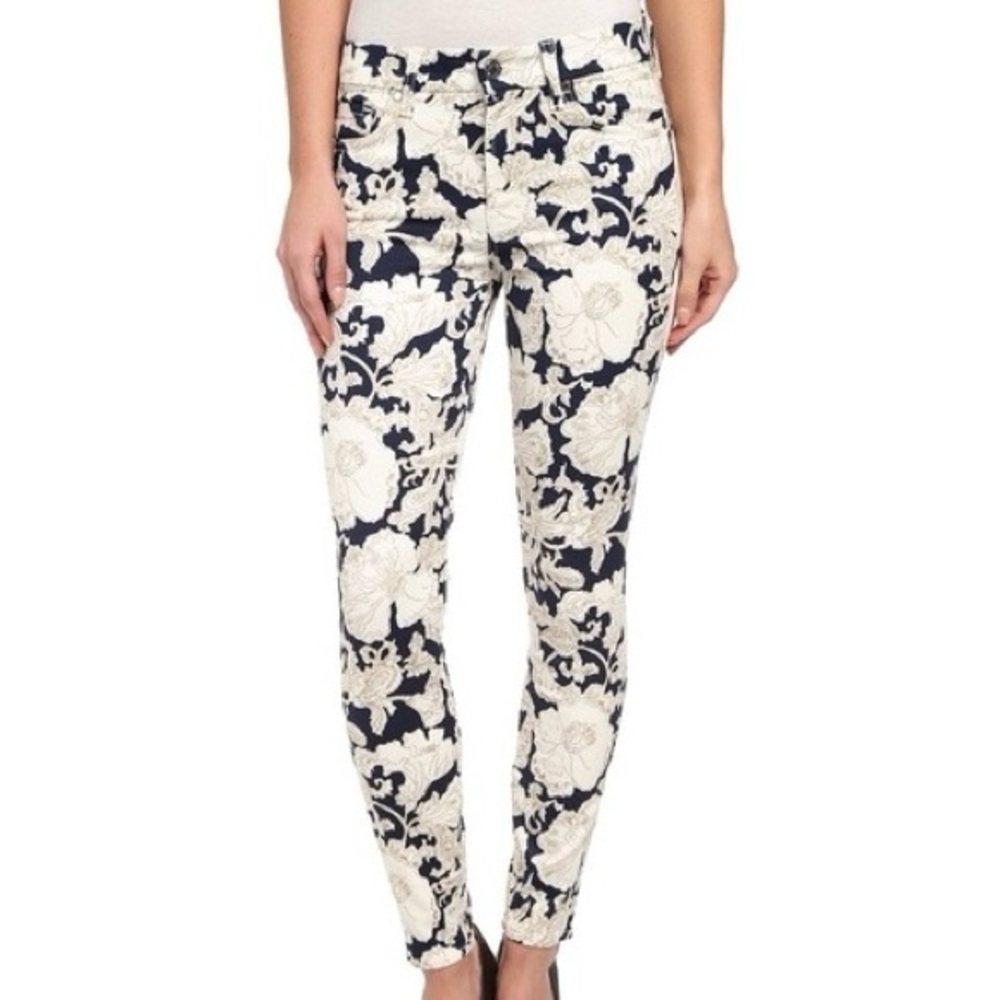 7 For All Mankind| Navy Blue/Cream Floral Straight Skinny Patterned Jeans Sz 24
